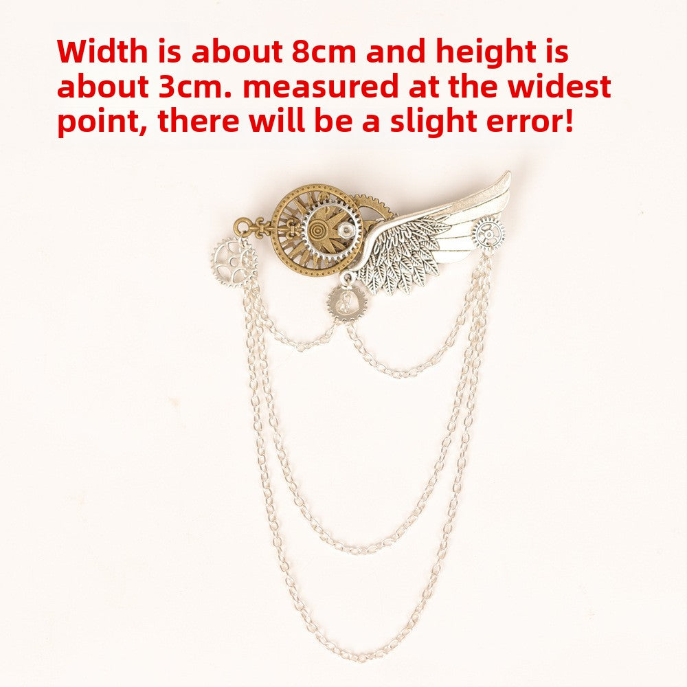 Steampunk Gear Wing Brooch Victorian Gothic Chain Lapel Pin Cosplay Accessory