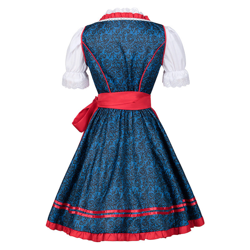 Women Dirndl Dress Bavarian German Traditional Oktoberfest Blue Floral Beer Dress