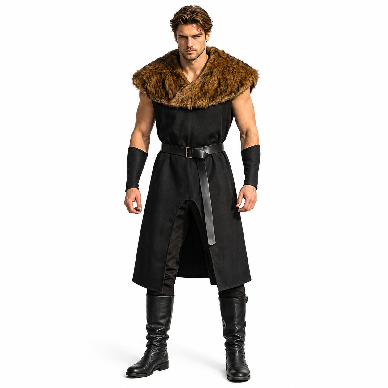 Renaissance Viking Costume for Men Faux Fur Collar Tunic Halloween Cosplay throwback costumes by MEEJOY