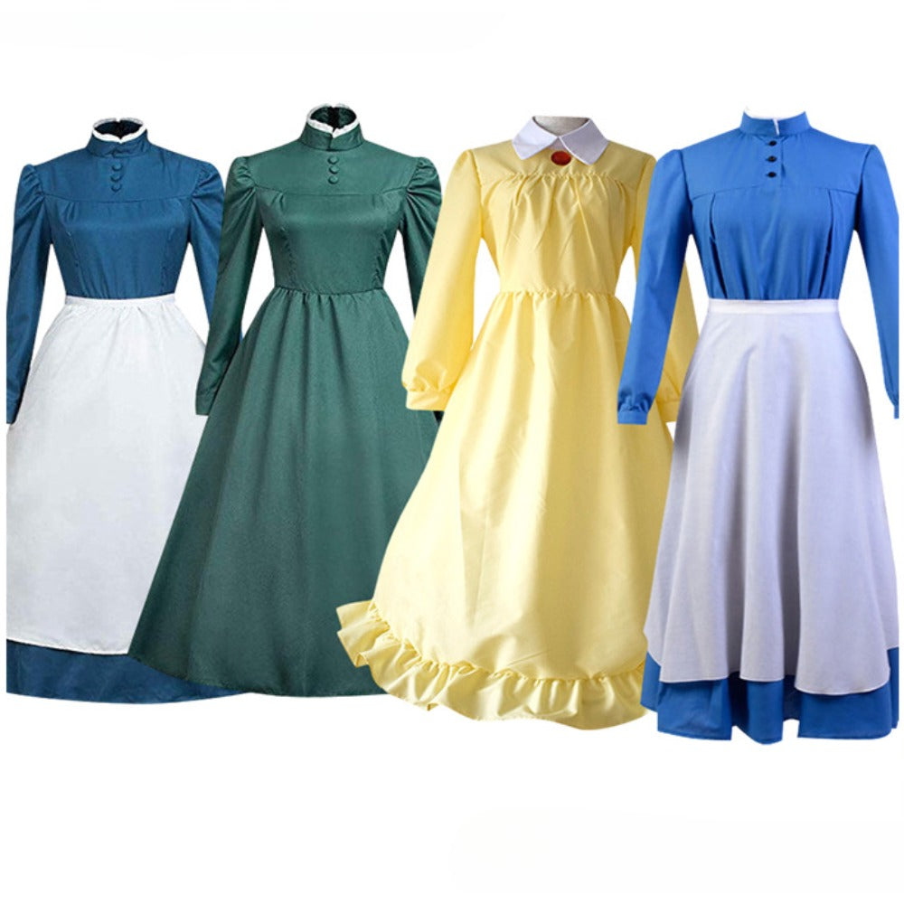 Anime Sophie Cosplay Costume Maid Outfit Yellow Green Blue Dress