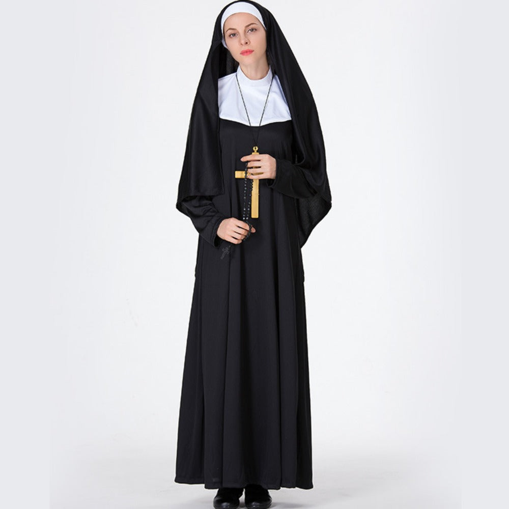 Nun Cosplay Dress Arabic Black Robe Masquerade Halloween Costume Set