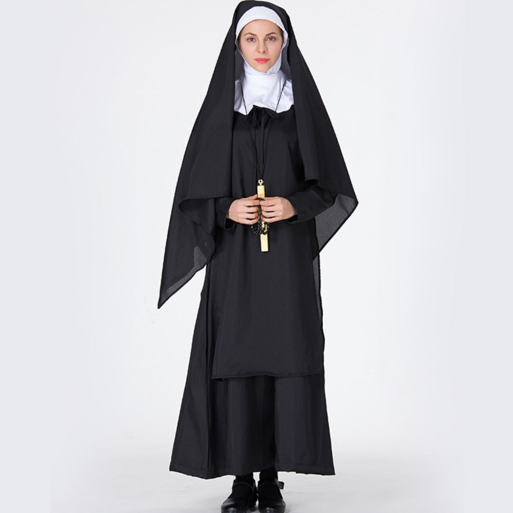 Nun Cosplay Dress Arabic Black Robe Masquerade Halloween Costume Set