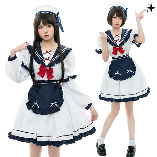 Japanese Little Navy Dress, Lolita Maid Dress JK Pleated Bow Cute Lolita Dress