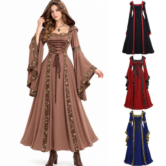 Women's Gothic Medieval Hooded Dress – Lace-Up Witch Fantasy Costume MEEJOY