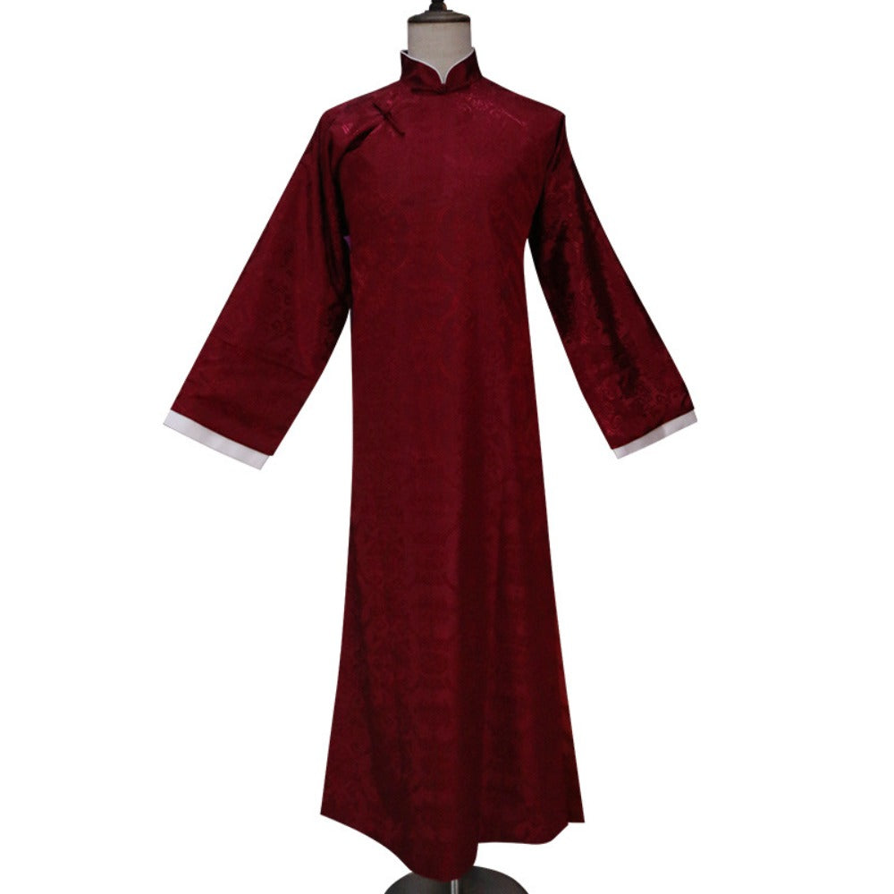 Mens Chinese Changshan Long Gown Groomsman Wedding Host Performance Robe