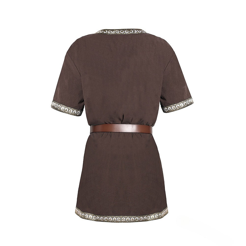 Kids Medieval Viking Tunic Shirt Renaissance Costume Top Retro V-Neck Outfit