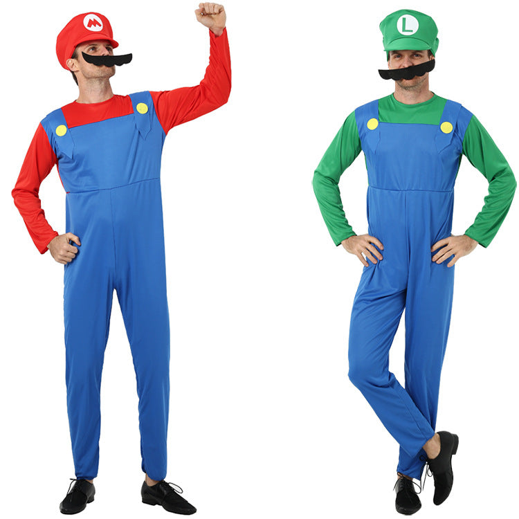 Super Worker Brothers Plumber  Party Mens Costume +Hat+Moustache Halloween Costume