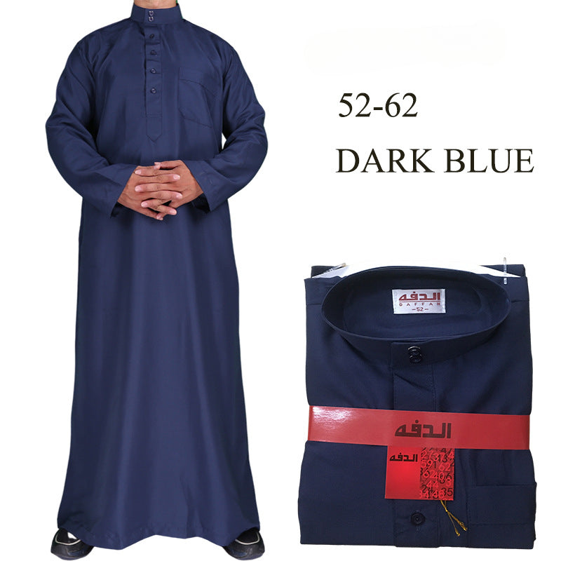 Mens Muslim Clothing Saudi Arab Long Sleeve Thobe Islamic Jubba Kaftan Long Robe Dark Blue