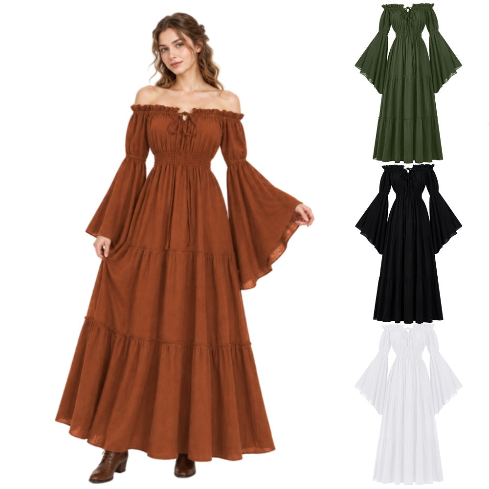 Women's Renaissance Off-Shoulder Bell Sleeve Dress – Medieval Peasant Costume