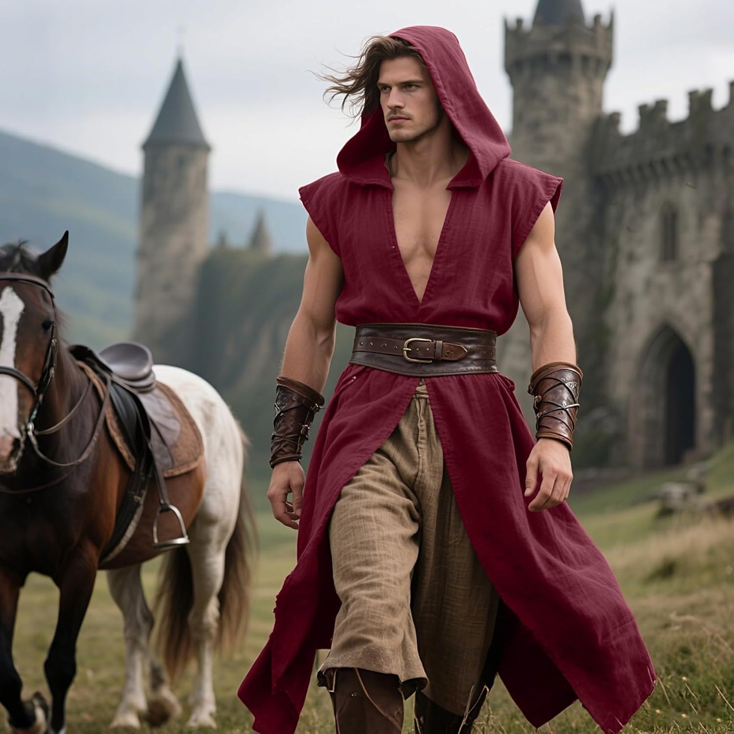 Men’s Medieval Hooded Sleeveless Coat Viking Renaissance Robe LARP Cosplay Tunic