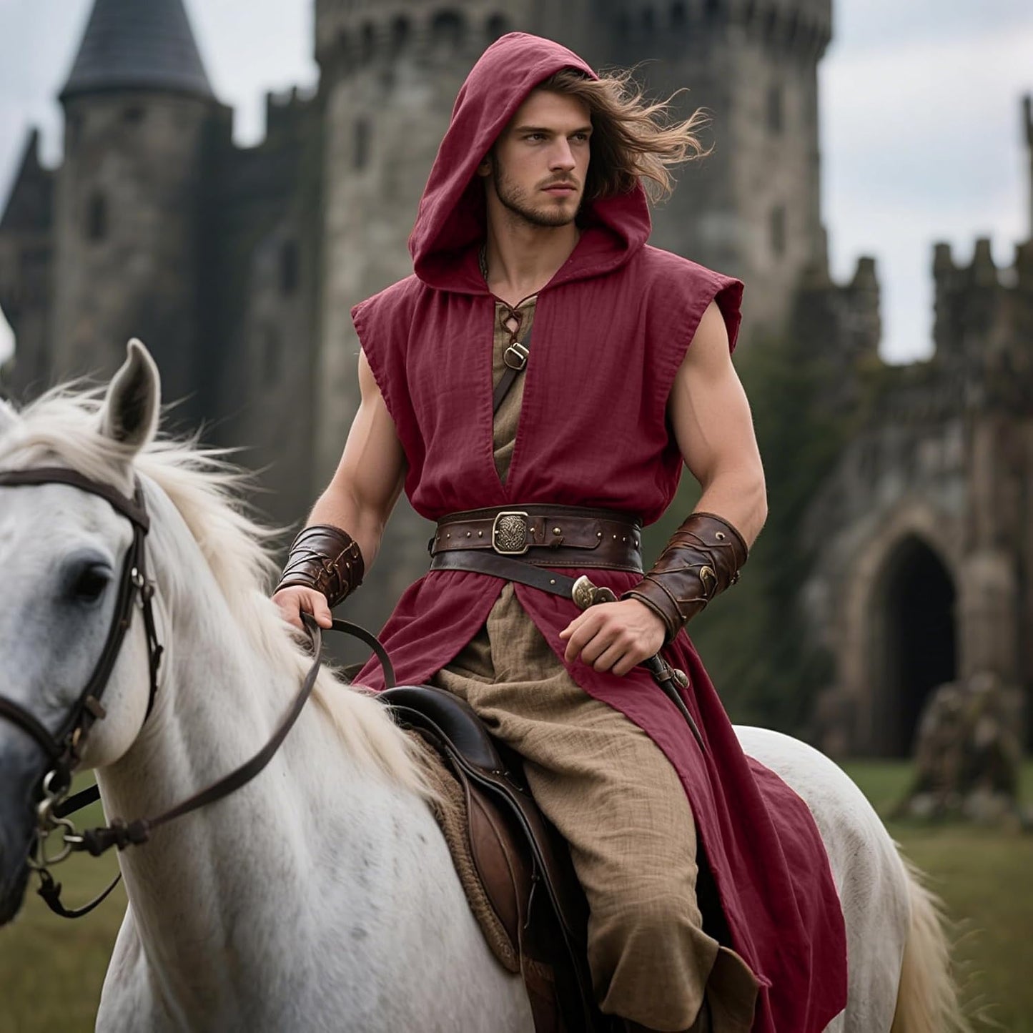 Men’s Medieval Hooded Sleeveless Coat Viking Renaissance Robe LARP Cosplay Tunic