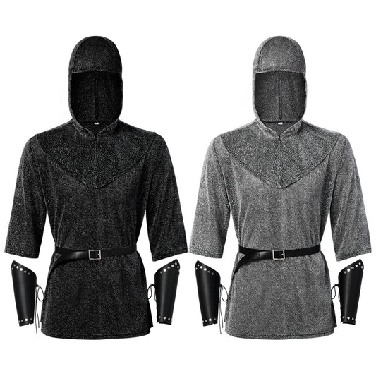 Men's Faux Chainmail Medieval Knight Costume Set – Hood, Tunic &amp; Belt