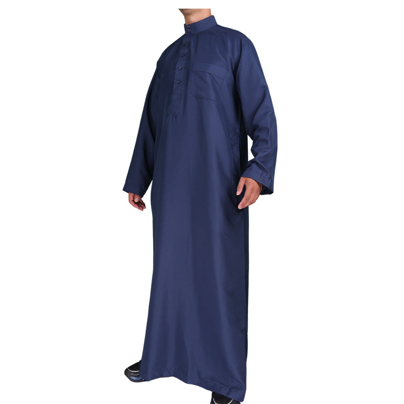 Mens Muslim Clothing Saudi Arab Long Sleeve Thobe Islamic Jubba Kaftan Long Robe Dark Blue