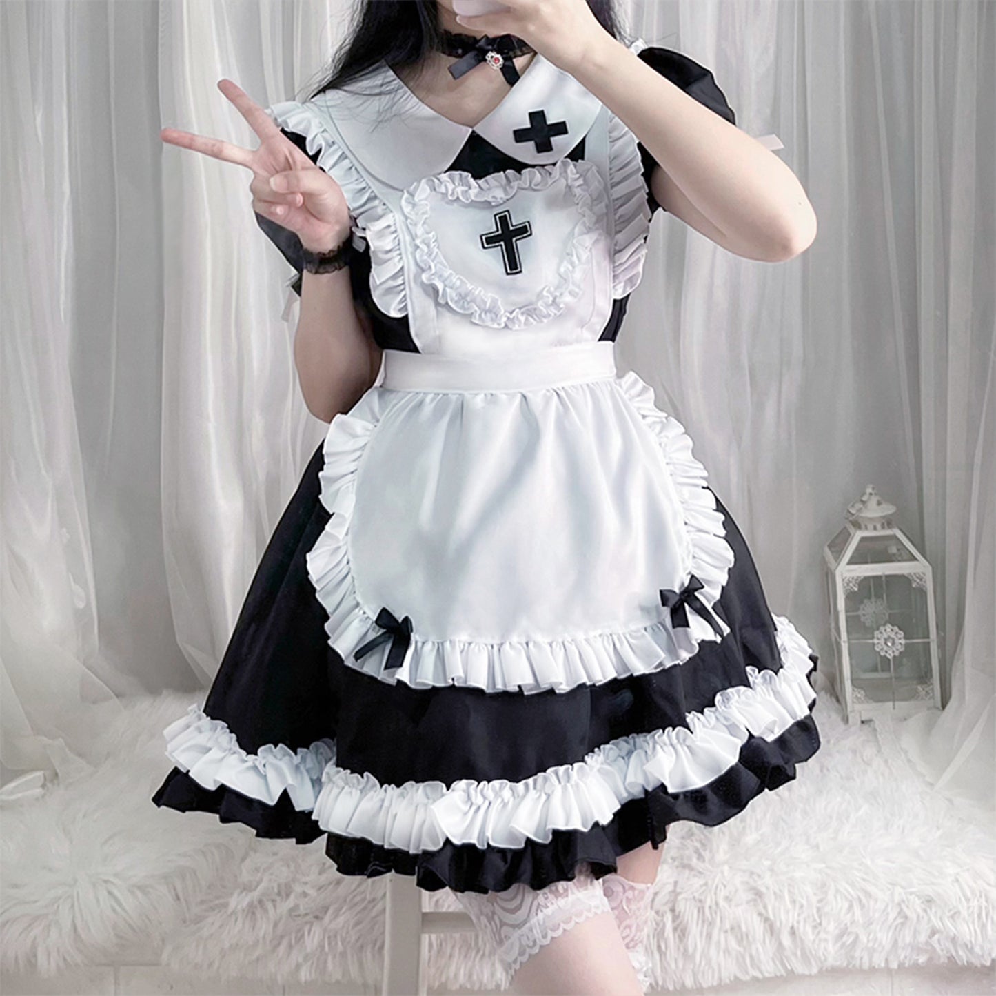 Japanese Anime Soft Girl Lolita Sky Blue Cross Maid Cosplay Dress