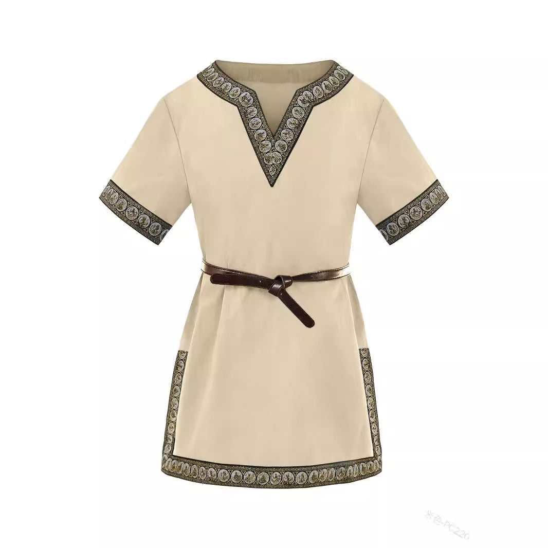 Kids Medieval Viking Tunic Shirt Renaissance Costume Top Retro V-Neck Outfit