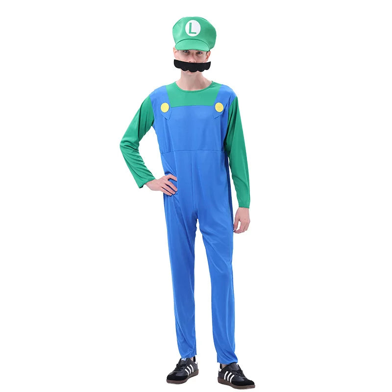 Family Bros Costume Set Adults Kids Game Theme Jumpsuit Hat Mustache