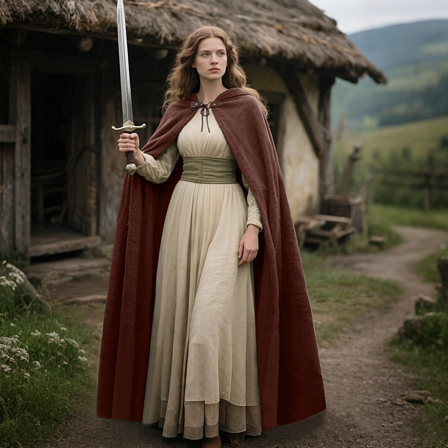 Medieval Ranger Cape Hooded Cloak Linen Shawl LARP Halloween Costume