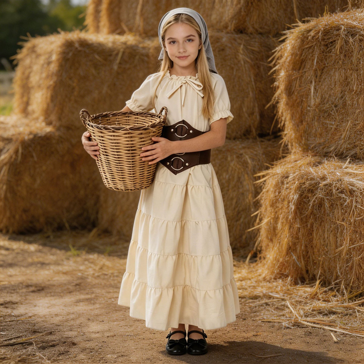 Girls Medieval Renaissance Peasant Dress – Village Girl Costume with Corset Belt