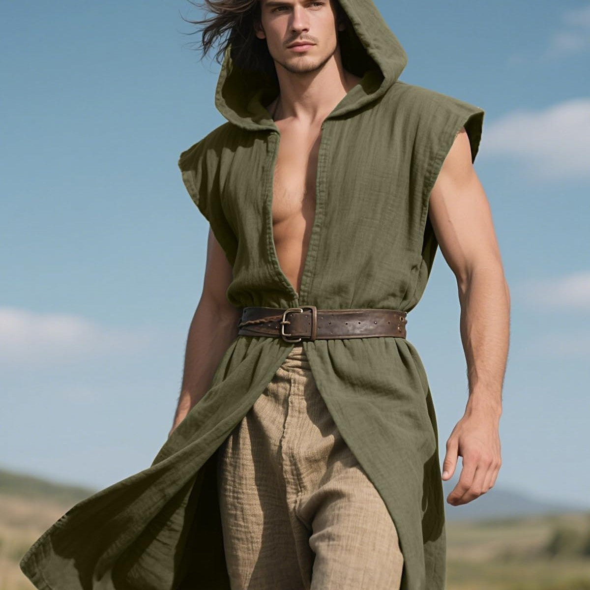 Men’s Medieval Hooded Sleeveless Coat Viking Renaissance Robe LARP Cosplay Tunic