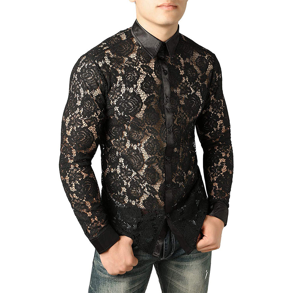 Medieval Vintage Style Men's Sheer Floral Lace Transparent Long Sleeve Button-up Shirt