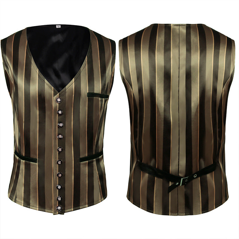 Vintage Men Medieval Costume Retro Gothic Striped Vest Waistcoat