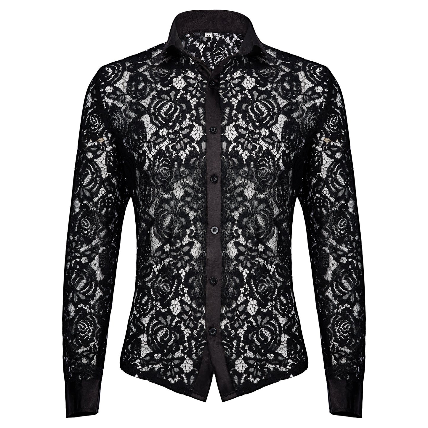 Medieval Vintage Style Men's Sheer Floral Lace Transparent Long Sleeve Button-up Shirt