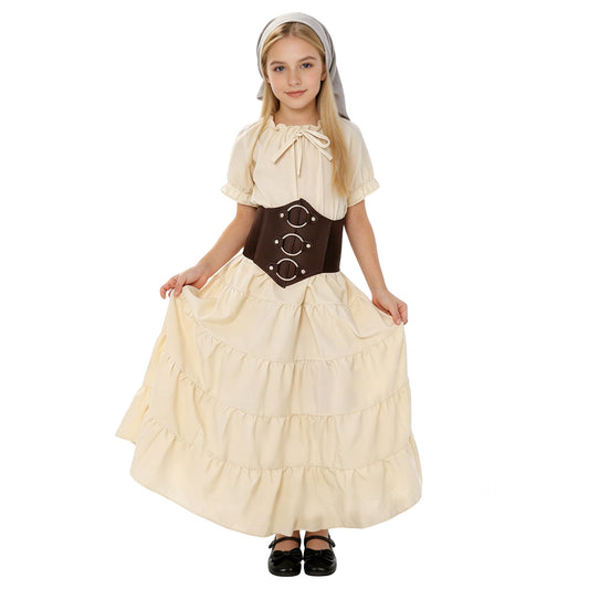 Girls Medieval Renaissance Peasant Dress – Village Girl Costume with Corset Belt