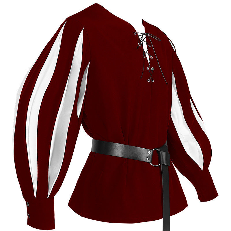 Vintage Medieval Theater Opera Men's Costume Color-Blocked Lace-Up Collar Shirt Cosplay Top