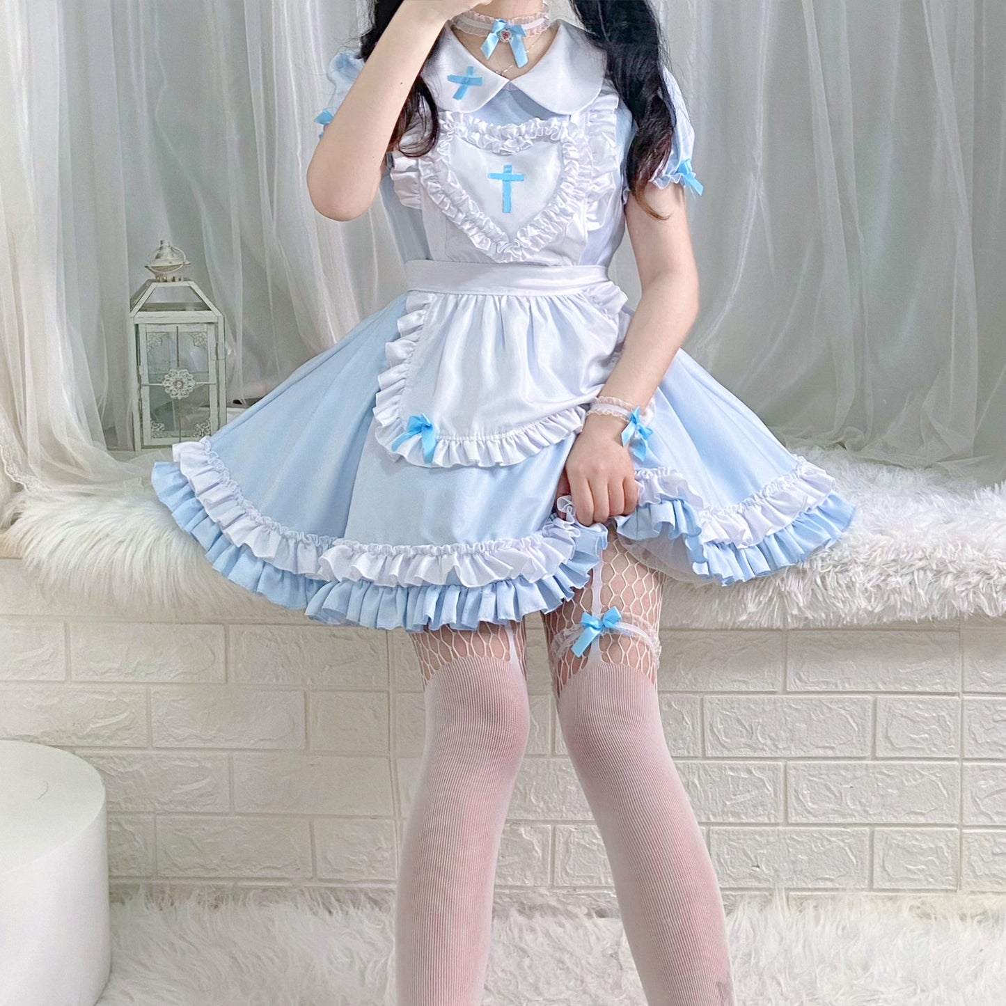 Japanese Anime Soft Girl Lolita Sky Blue Cross Maid Cosplay Dress