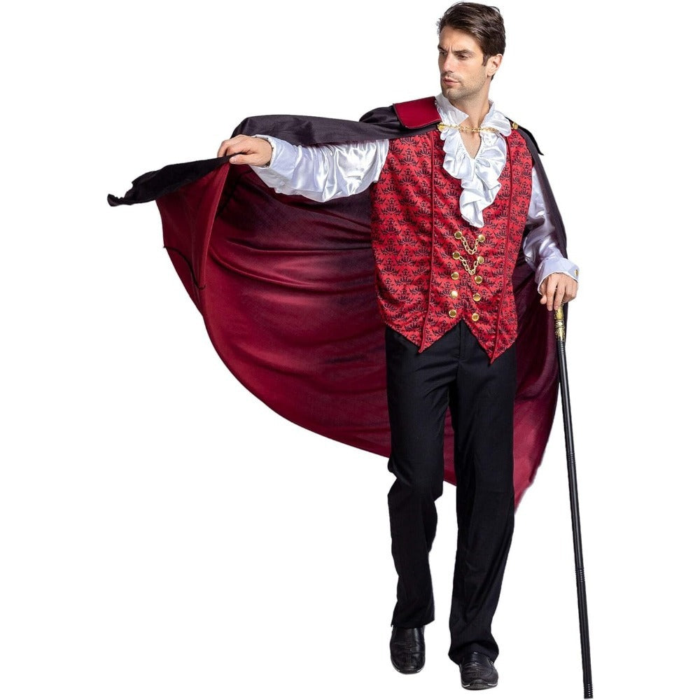 Mens Vampire Costume Shirt with Cape Gothic Dracula Halloween Fancy Dress S-2XL