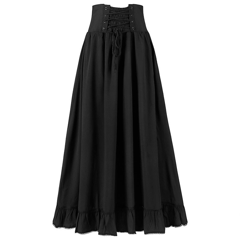 Medieval Vintage Gothic Belted Lace Waist A-line Skirt - Versatile Plus Size Lace Trim Skirt