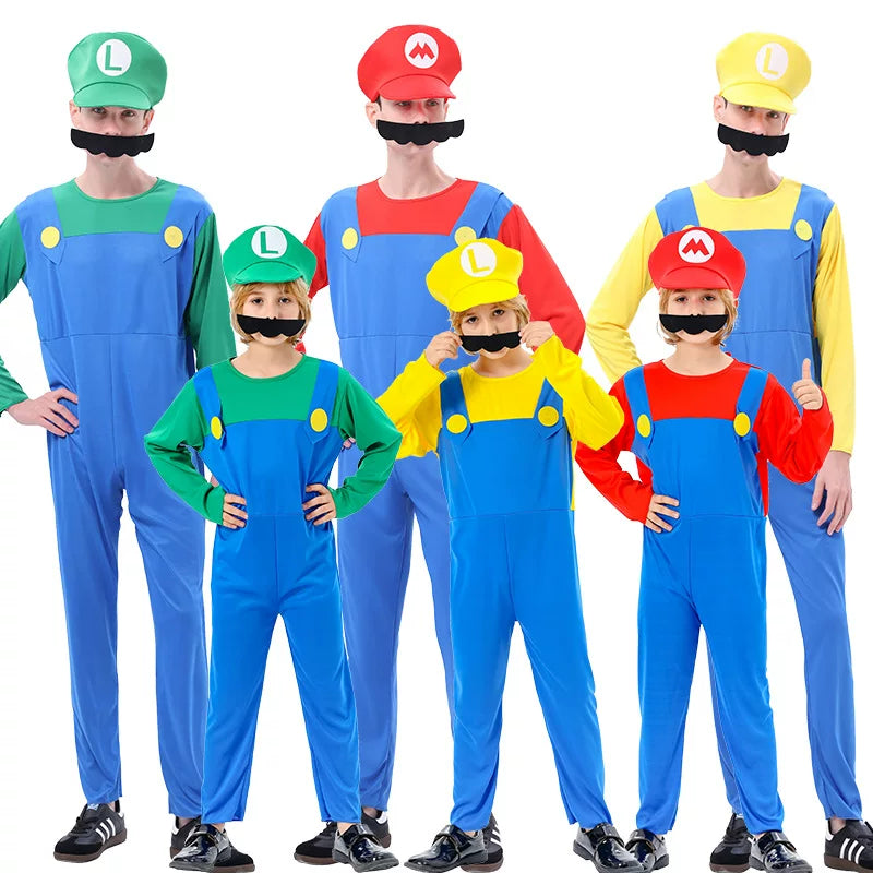 Family Bros Costume Set Adults Kids Game Theme Jumpsuit Hat Mustache