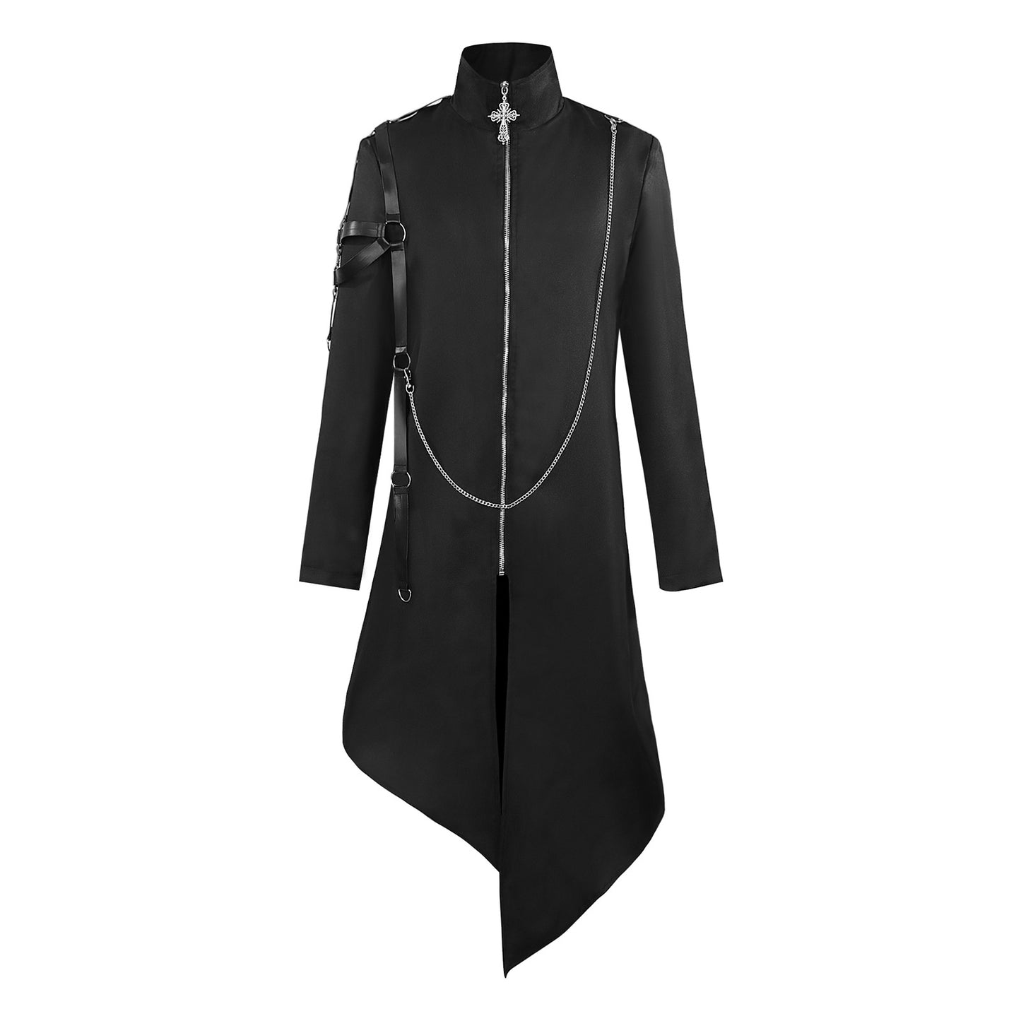 Men’s Gothic Punk Chain Long Coat Steampunk Asymmetric Jacket Medieval Cosplay Top