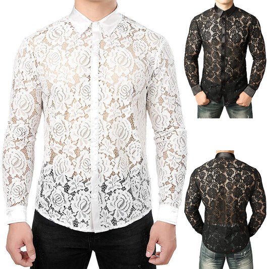 Medieval Vintage Style Men's Sheer Floral Lace Transparent Long Sleeve Button-up Shirt