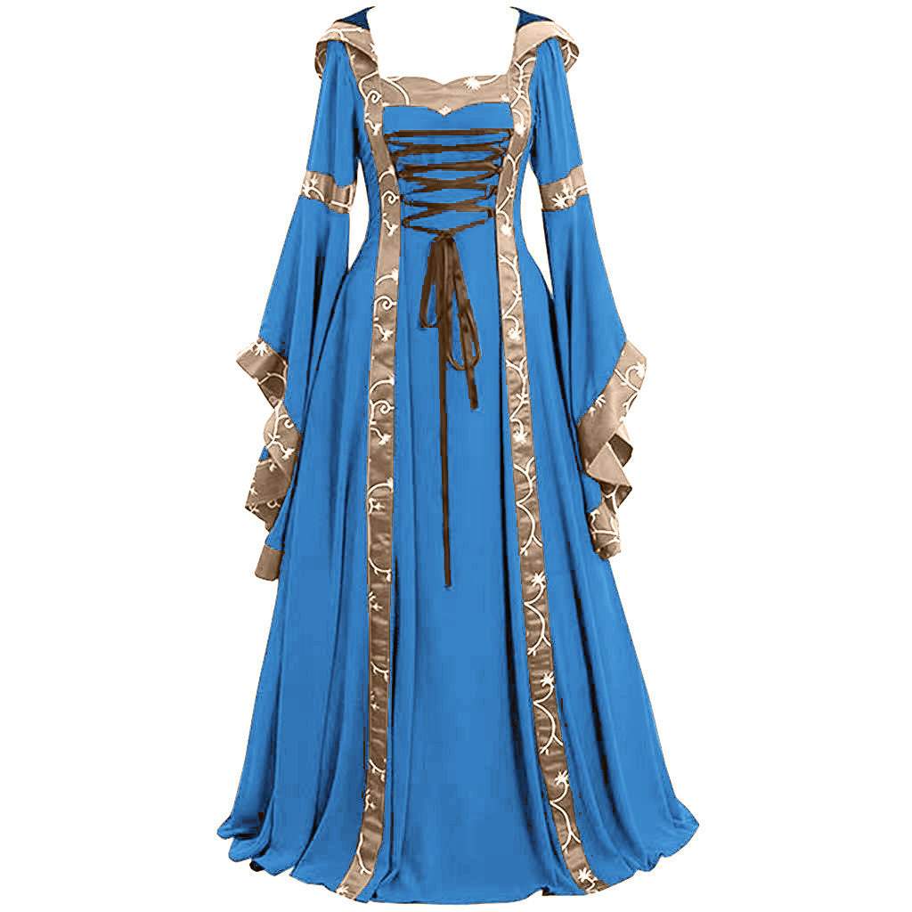 Women's Gothic Medieval Hooded Dress – Lace-Up Witch Fantasy Costume