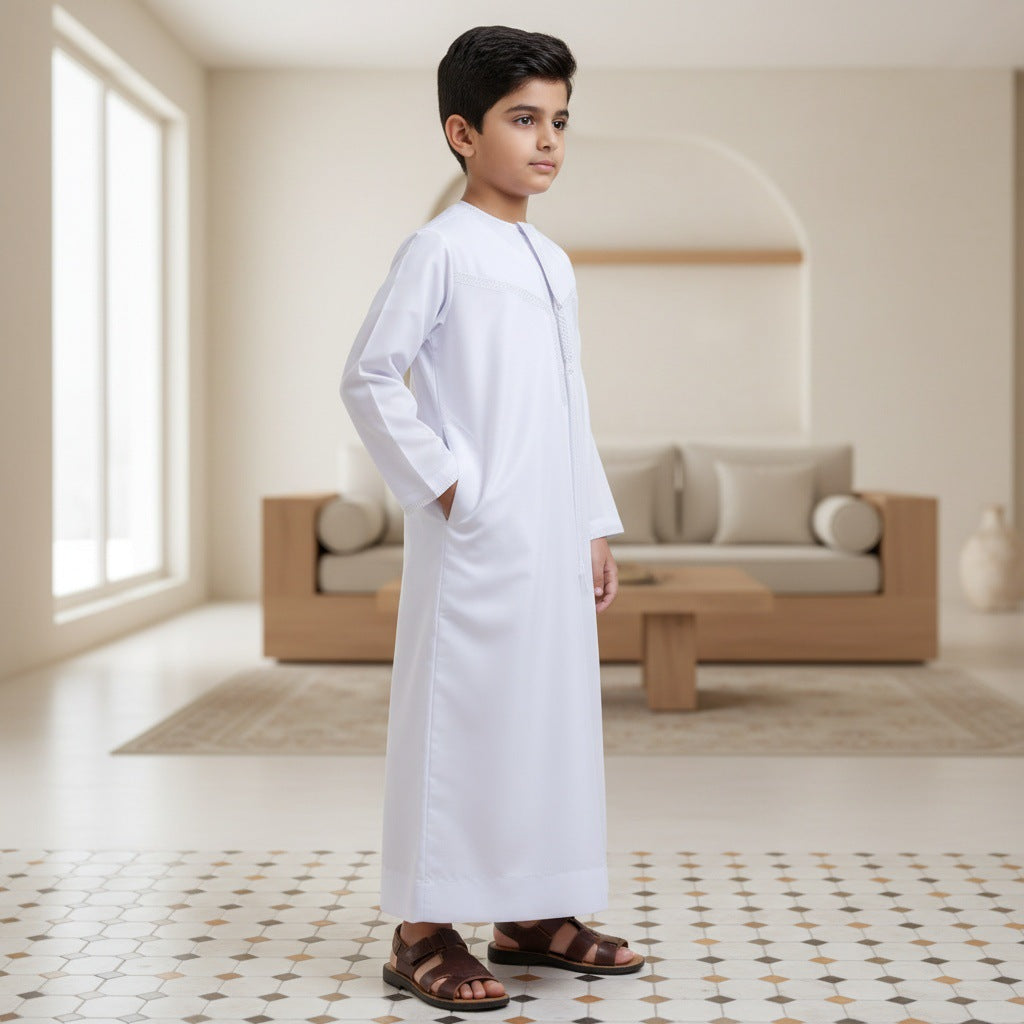 Boys White Thobe Traditional Kids Long Robe Eid Formal Outfit