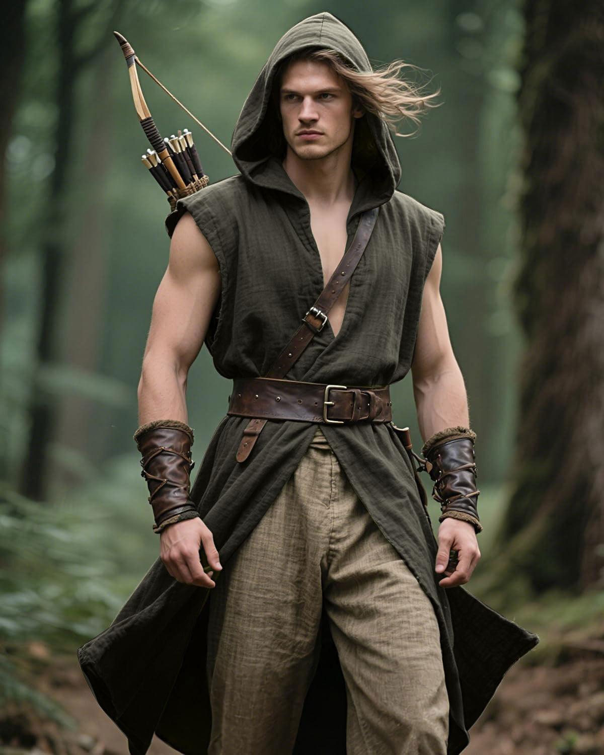 Men’s Medieval Hooded Sleeveless Coat Viking Renaissance Robe LARP Cosplay Tunic