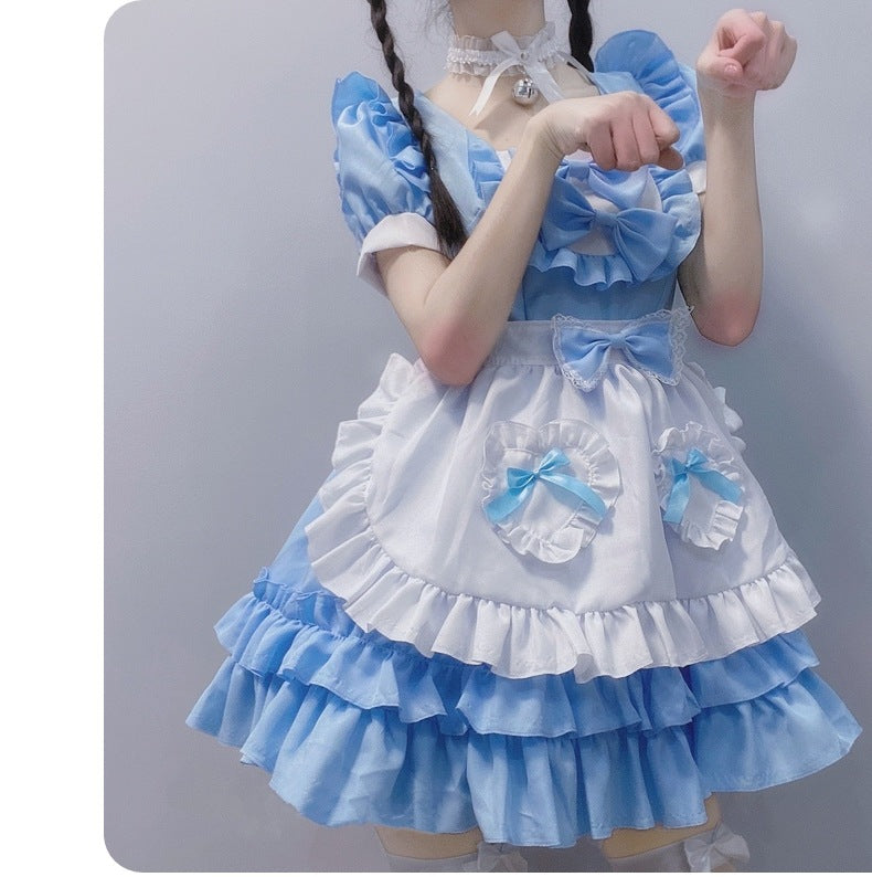 Japanese Anime Sexy Cream Sweetheart Maid Dress & Blue Pure Lolita Dress Full Set