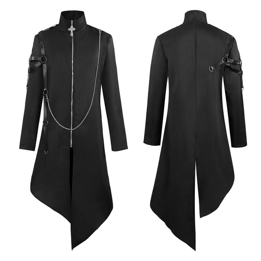 Men’s Gothic Punk Chain Long Coat Steampunk Asymmetric Jacket Medieval Cosplay Top