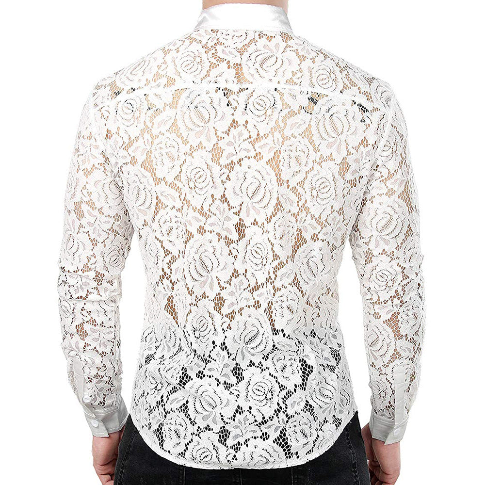 Medieval Vintage Style Men's Sheer Floral Lace Transparent Long Sleeve Button-up Shirt