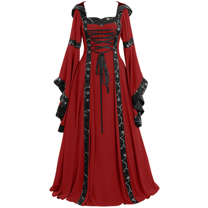 Women's Gothic Medieval Hooded Dress – Lace-Up Witch Fantasy Costume
