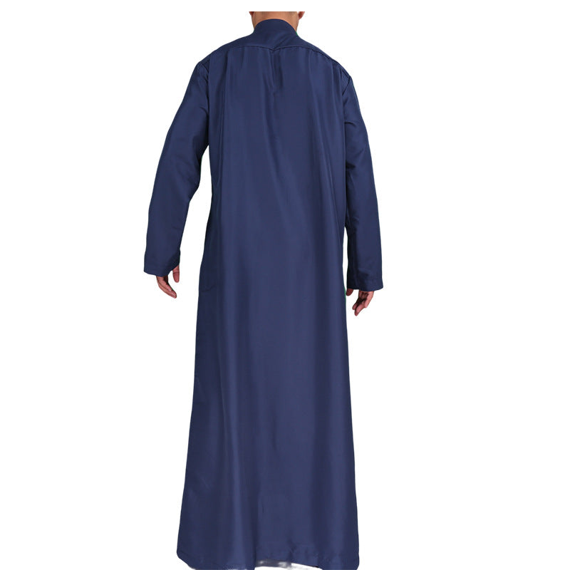 Mens Muslim Clothing Saudi Arab Long Sleeve Thobe Islamic Jubba Kaftan Long Robe Dark Blue