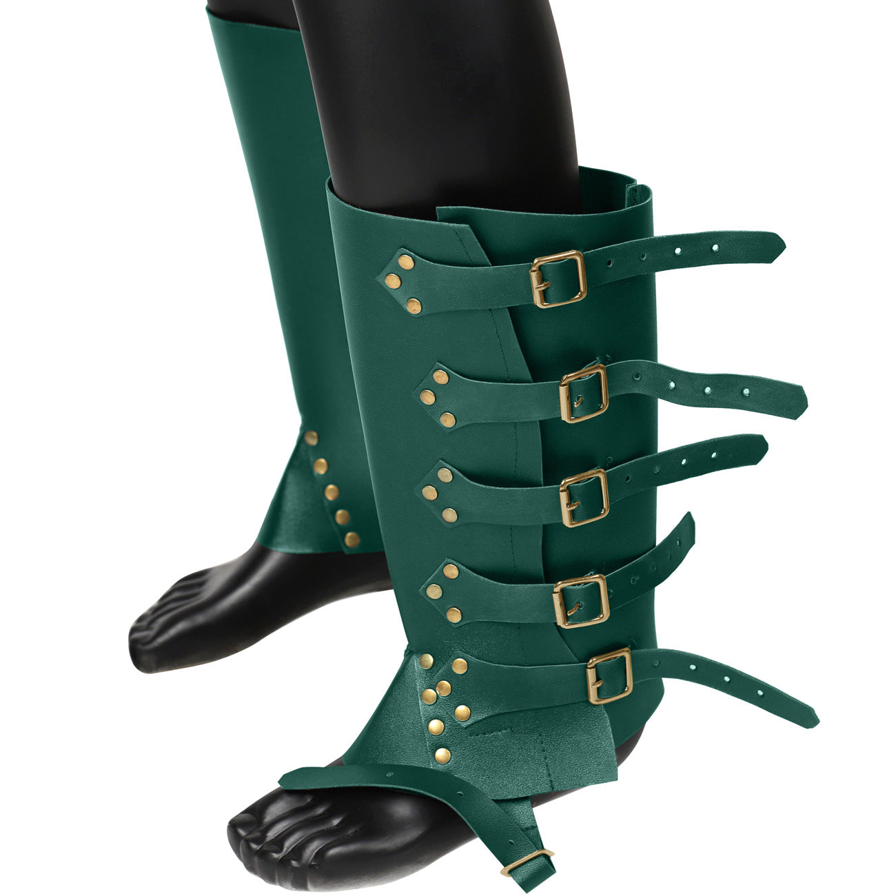 Medieval Renaissance Rider, PU, Leather Punk Shin Guards, Shoe Covers, Boots, Belt Buckle for Knights Crusader