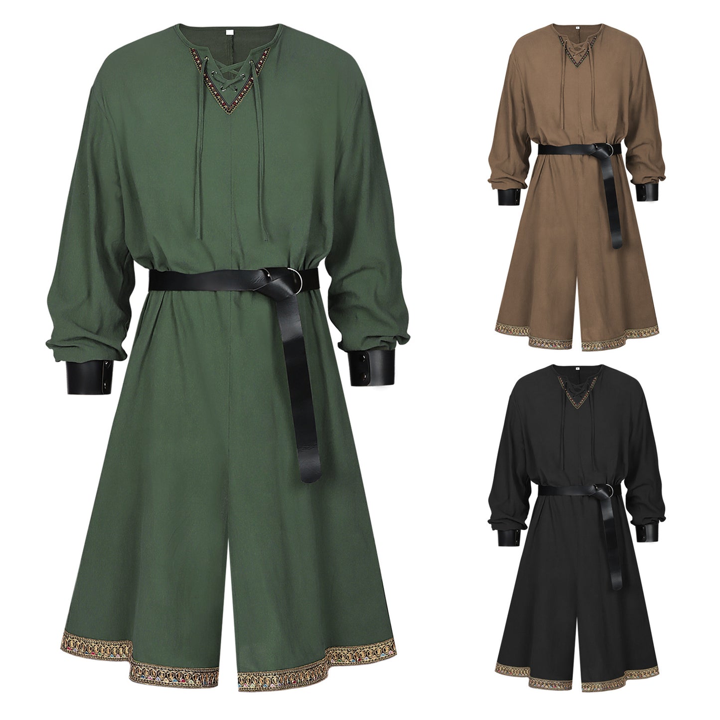 Men’s Medieval Viking Tunic Renaissance Costume Robe with Belt LARP Cosplay Outfit