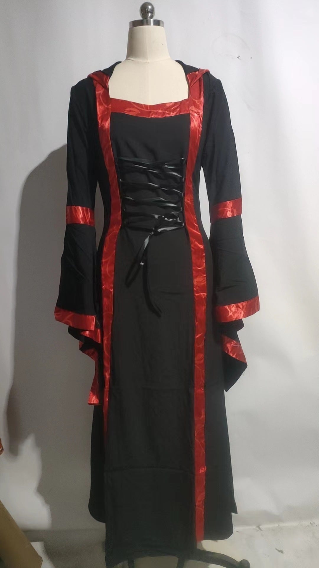 Women's Gothic Medieval Hooded Dress – Lace-Up Witch Fantasy Costume