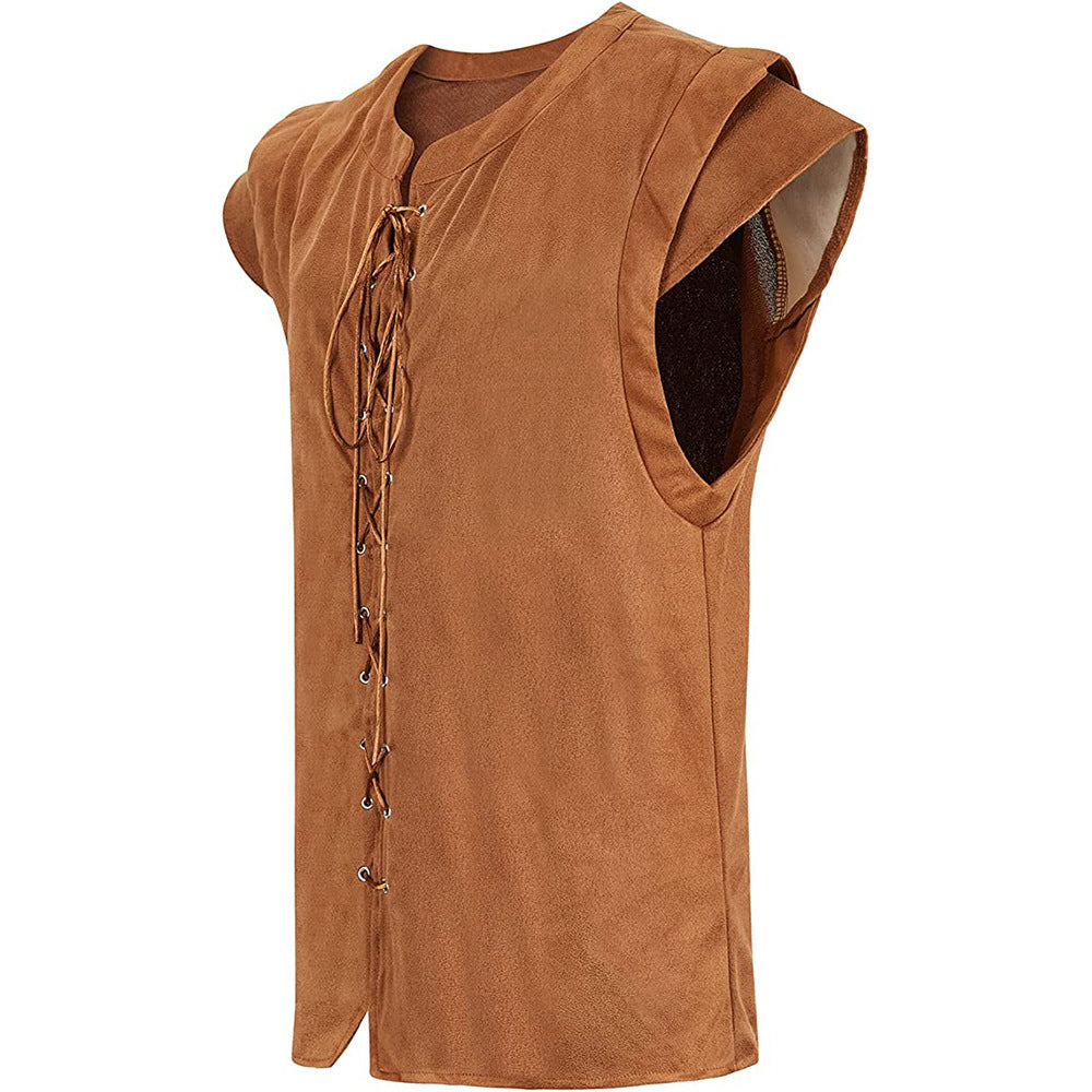 Viking Pirate Vest Plays Lace up Suede T-shirt Halloween Renaissance Cosplay Costumes