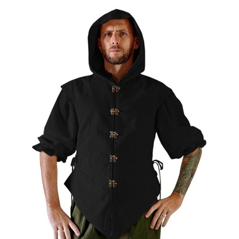 Men's Linen Shirt Medieval Solid Slim Fit 3/4 Sleeve Hooded T-shirt Shirt Retro Vintage Metal Buttons