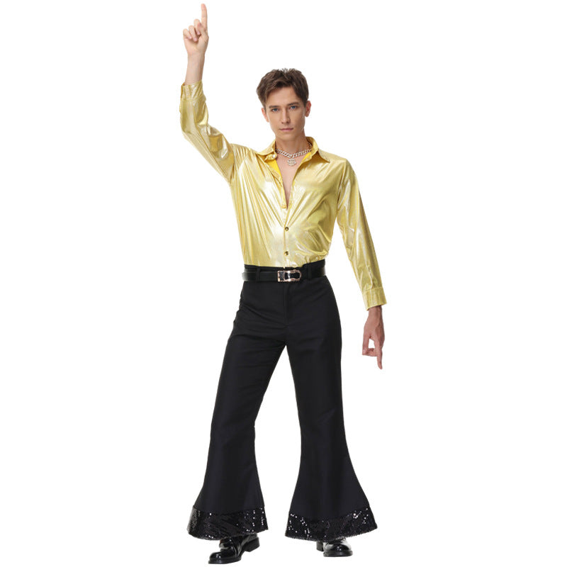 Mens Gold 60s 70s Disco Costume 1960s Fancy Dress Retro 1970s Hippie Outfit