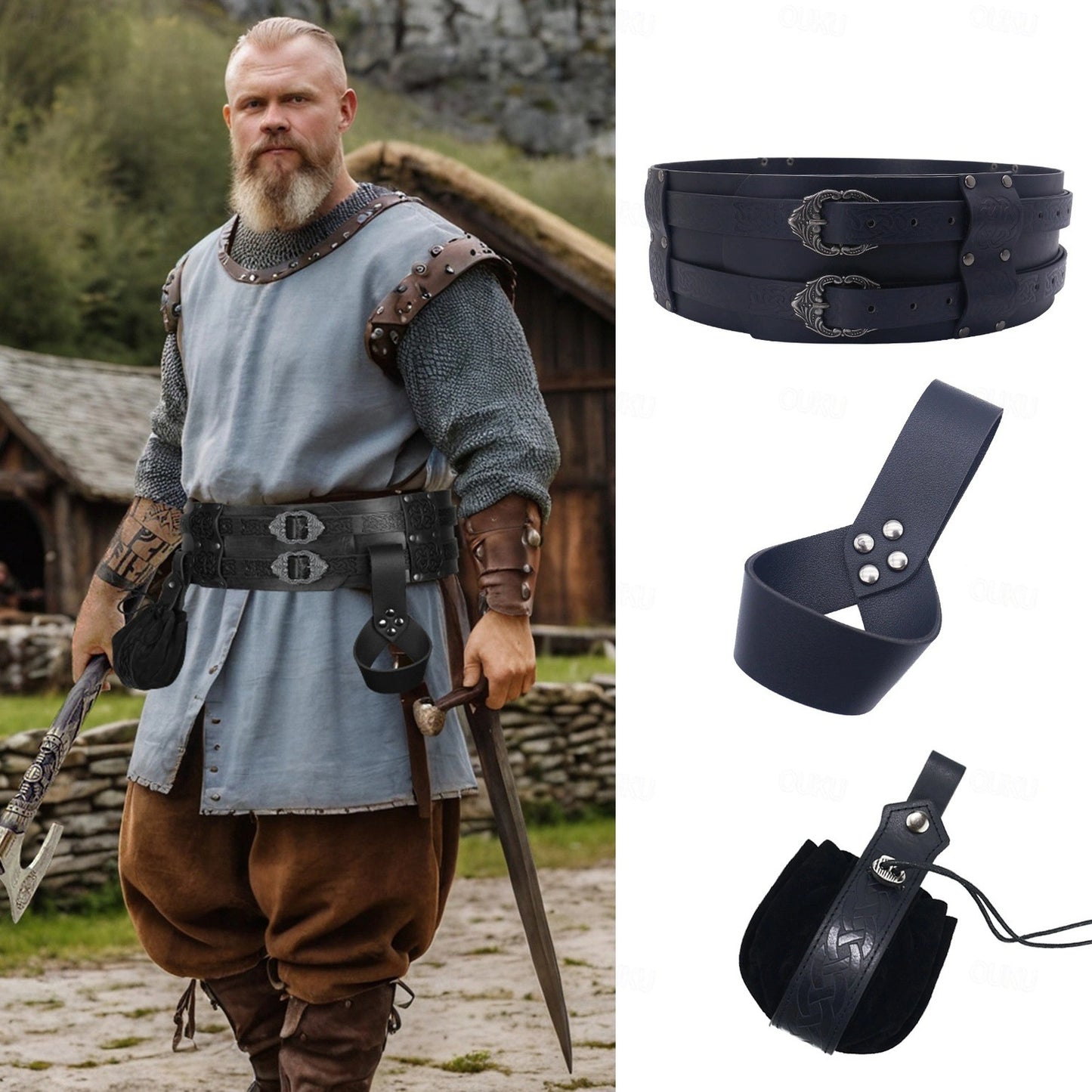 Medieval Viking Wide Belt Faux Leather Celtic Waist Belt LARP Cosplay Costume