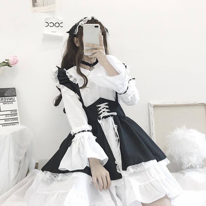 Japanese Style Crossdressing Lolita Distinguished Dress - Women's Long Sleeve Short Skirt Western-style Cosplay Maid Costume